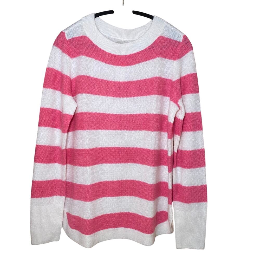 LOFT Pink and White Striped Crewneck Sweater